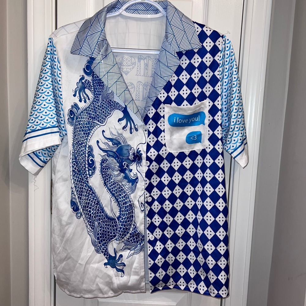 Boutique‎ Blouse Blue Dragon Amour Satin Feel Shirt Small Maximalist